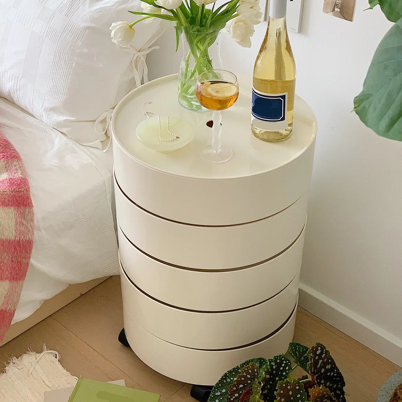 Simple Off White Rotating Bedside Table with Drawers Storage
