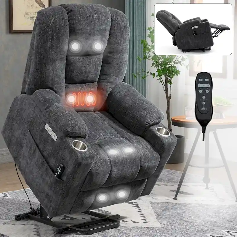 Grey Spacious Power Lift Recliner with Massage, Heat, Dual USB Ports, Type C Charging, and Cup Holders