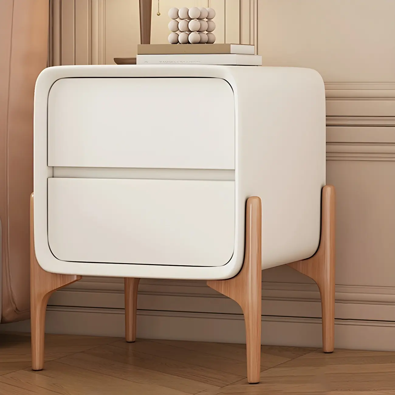 Simple Curved Wooden Faux Leather 2 Drawer Nightstand