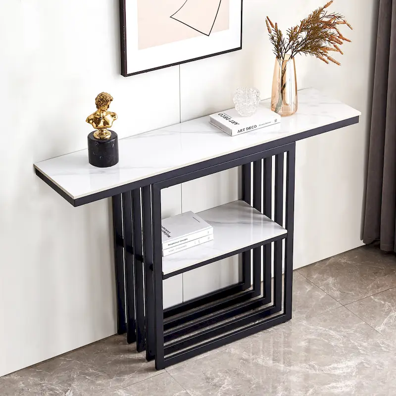Console Table with Sintered Stone Top and Metal Frame, Black