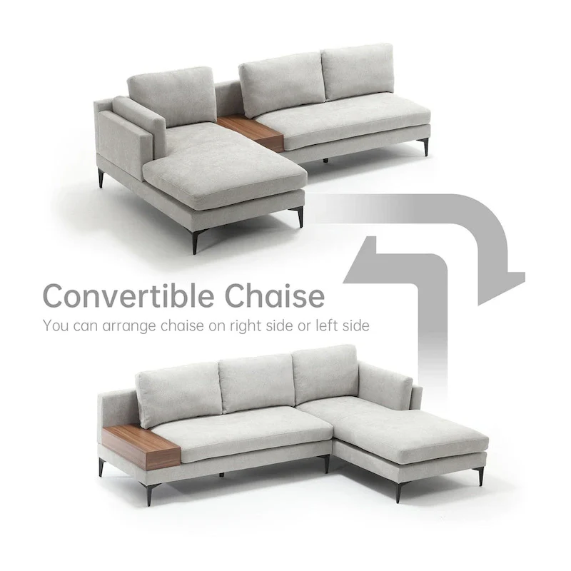 Modular U-shaped Linen Reversible Sofa with a Wooden Side Table Box and Reversible Design