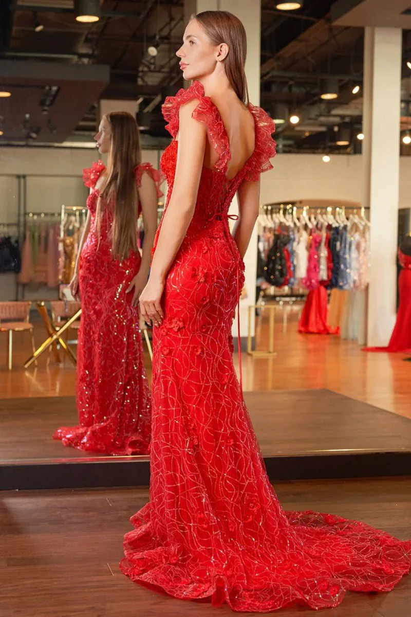 Yellow Ruffle Straps 3D Flower Mermaid Long Prom Dress