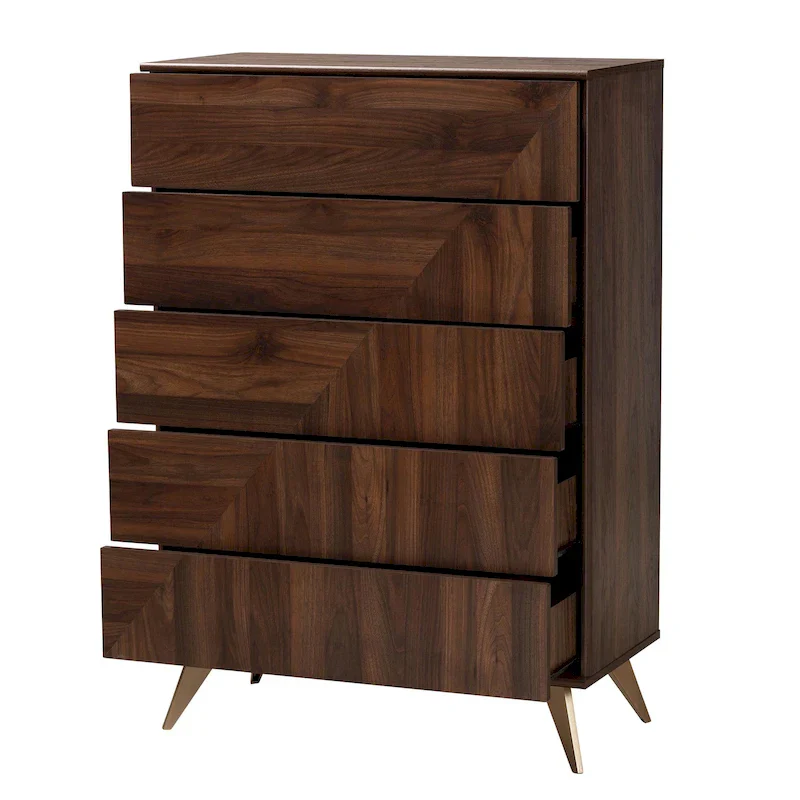 Walnut Brown 5-Drawer Storage Chest, Mid-Century Modern, Wood Grain