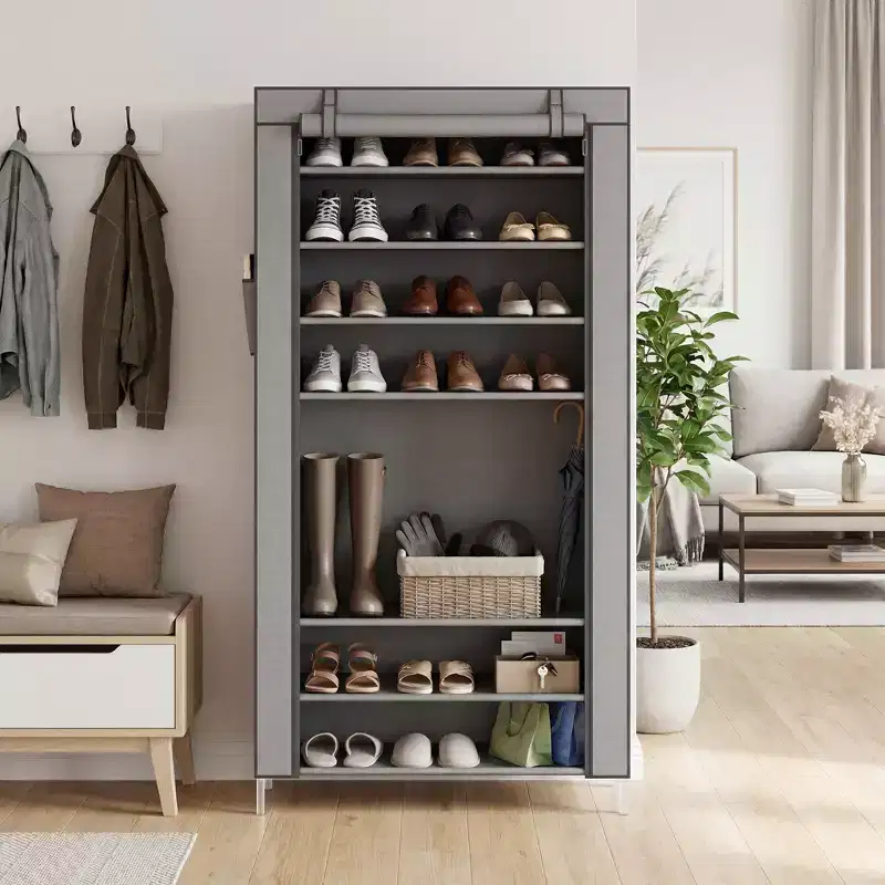 10-Tier Shoe Rack with Cover, Tall Free-Standing Shoe Organizer, Capacity Shoe Shelf Holds 4050 Pairs, Shoe Storage with Side Pockets, Grey