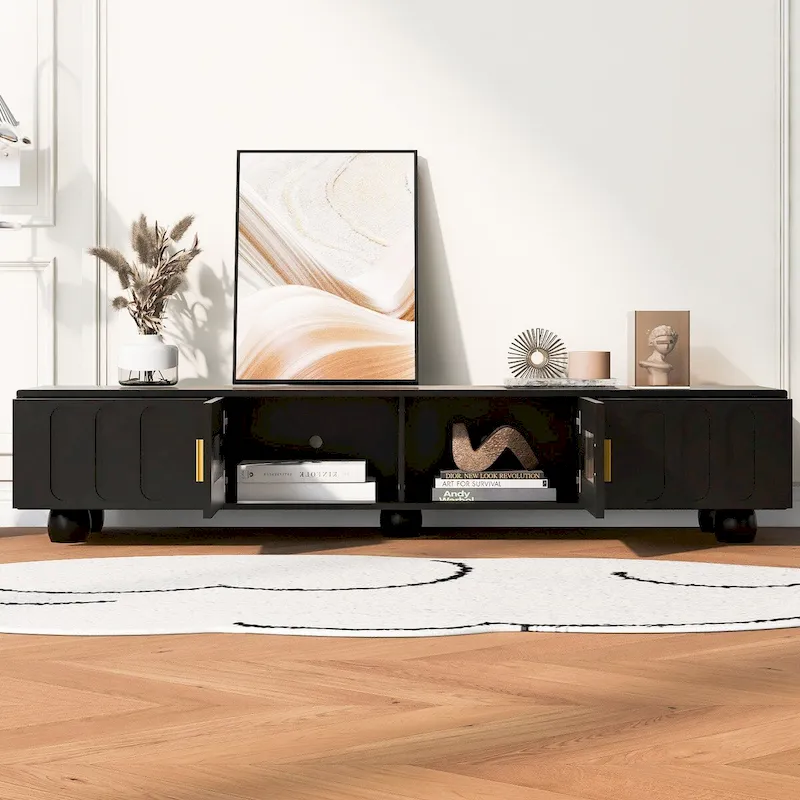 Modern TV Stand with Glass Door 2 Drawers and Cabinets for TVs up to 80 Inches