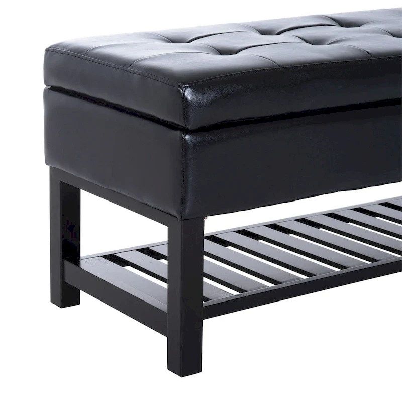 Black Faux Leather Tufted Ottoman Storage Bench with Slatted Shoe Rack & Wood Legs, Seats 1