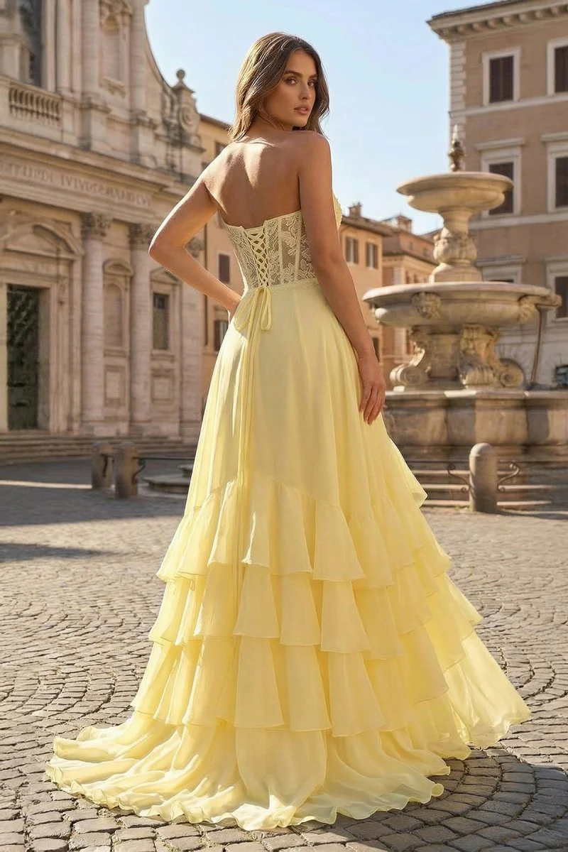 Yellow - Strapless Chiffon Ruffled A Line Long Prom Dresses With Appliques