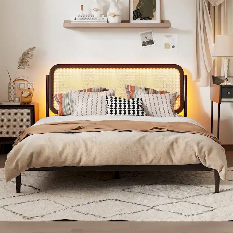 Queen Size Wood Storage Platform Bed with LED Light,Rattan Headboard