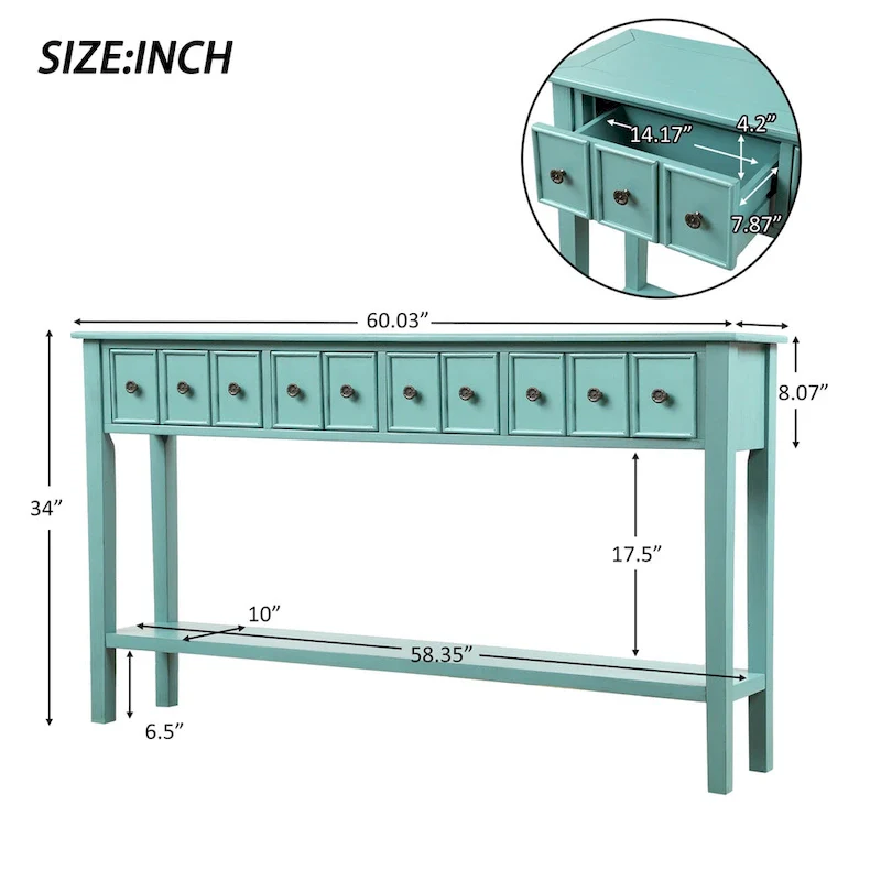 Blue / Brown / Navy Solid Wood Console Table with 4 Drawers & Lower Shelf – Rustic Style, Entryway Use