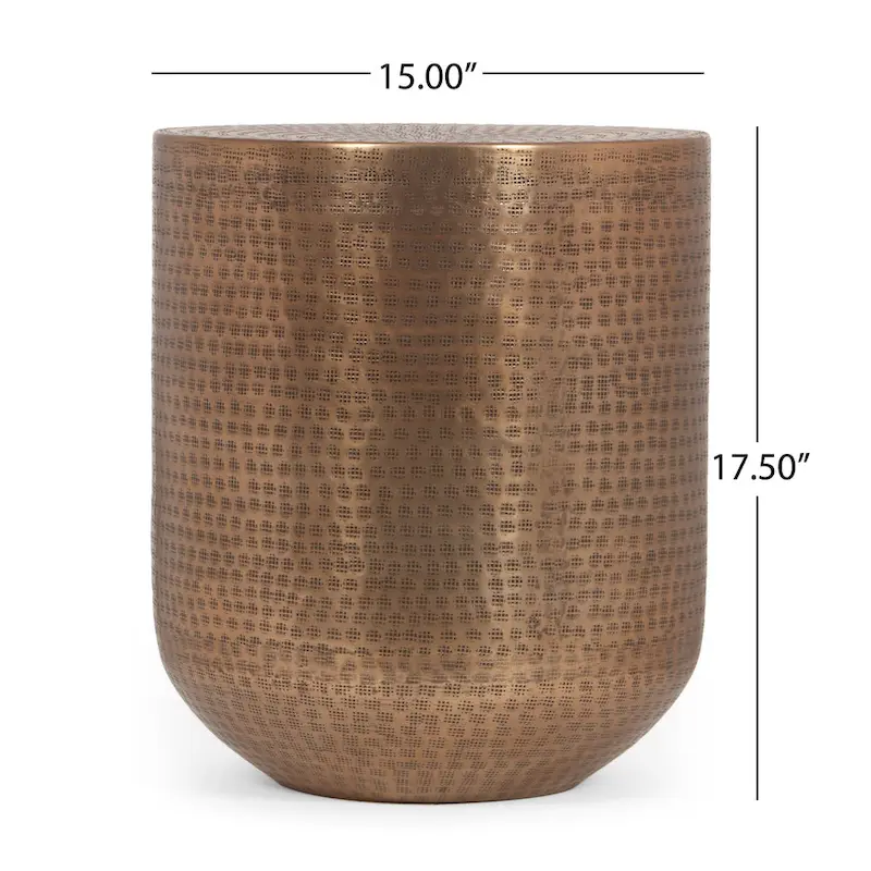 Aged Brass Drum Side Table - Handcrafted Aluminum with Hammered Finish