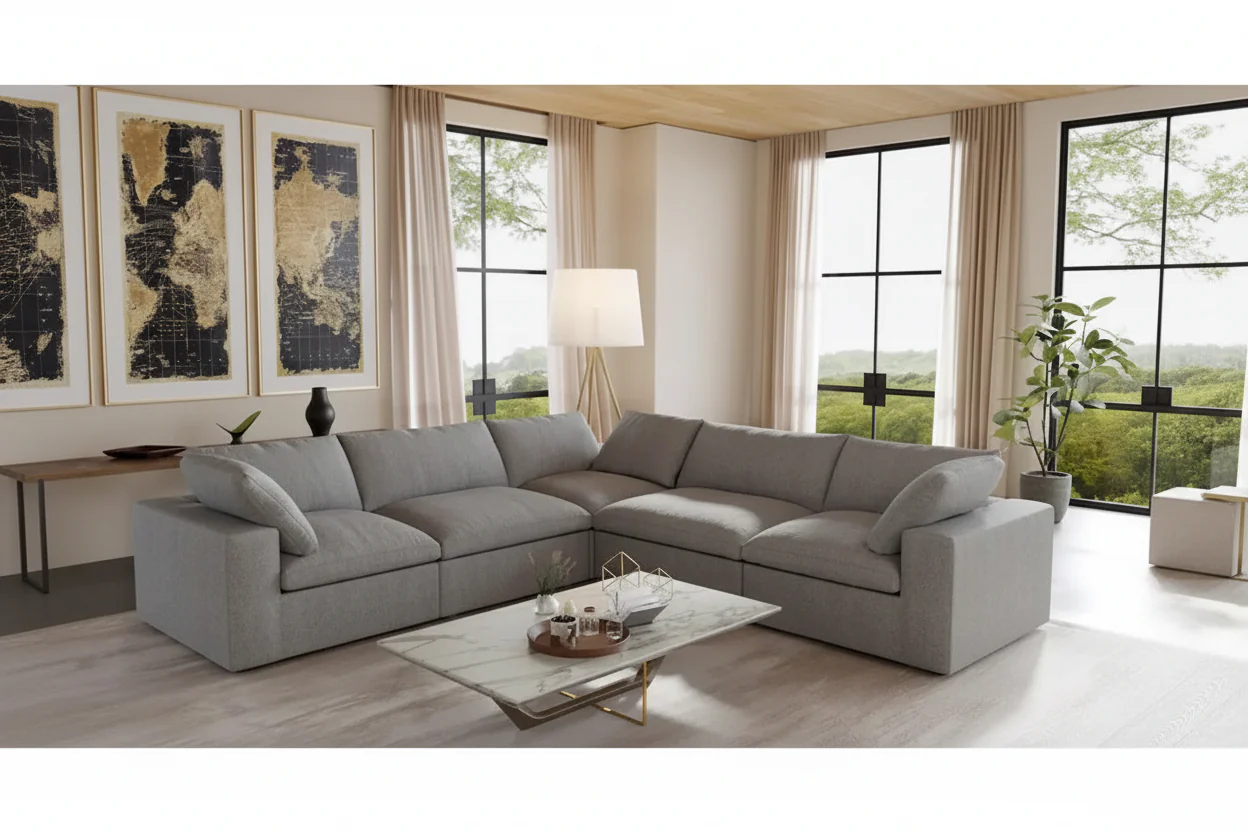 Modular V-Shaped Sectional Sofa – Linen Upholstery, Removable Cushions