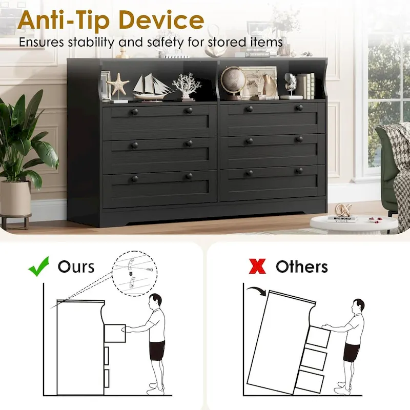 White / Black / Brown 6-Drawer Dresser with LED Light and Power Outlet