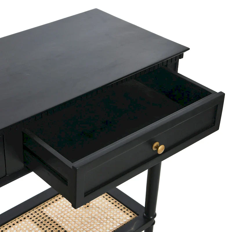 Acacia Wood Console Table with Cane Shelf