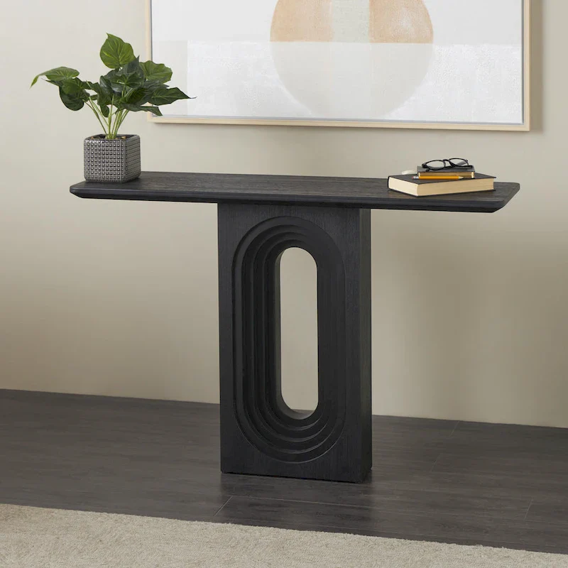 Wooden Console Table with Oval Carved Pedestal Base - Black