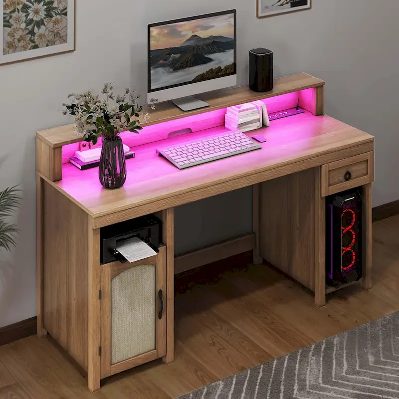 Moasis Farmhouse Wood Office Desk with Drawer and LED Strip & Power Outlets