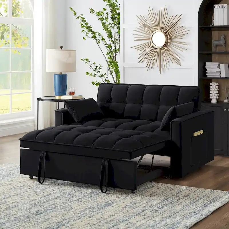 Black / Taupe / Navy Velvet 4-in-1 Pull-Out Sleeper Sofa Bed with Reclining Backrest & 2 Side Pockets – 2-Seater