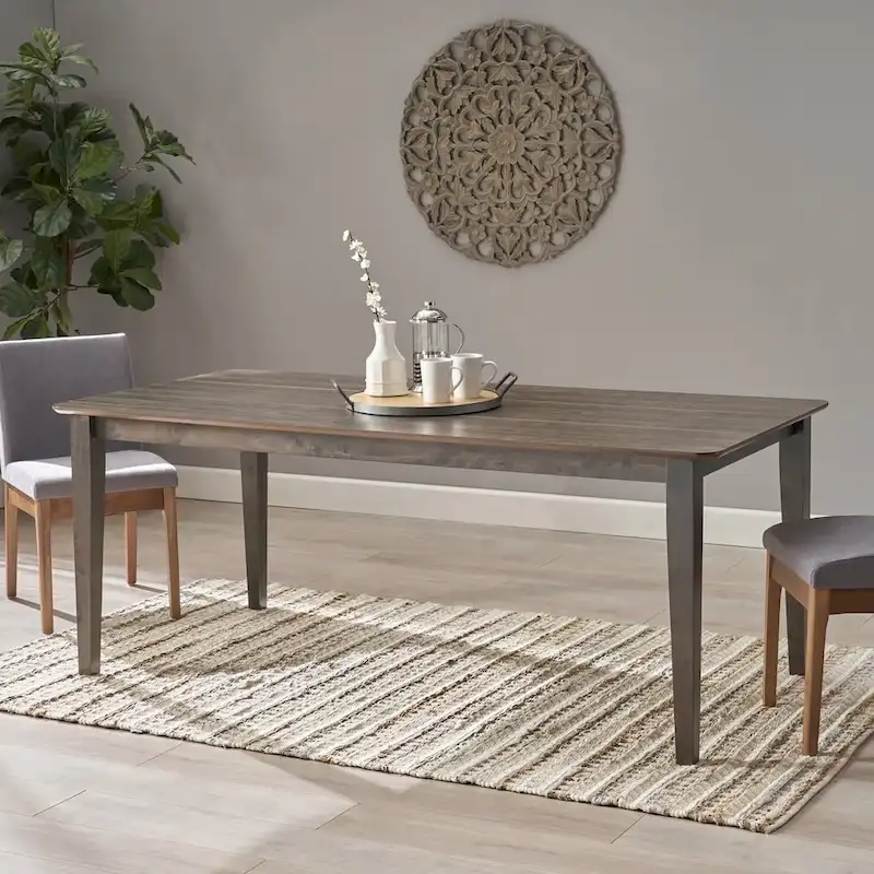 Walnut/Gray/Black Farmhouse Rubberwood Rectangular Dining Table, 8-Person