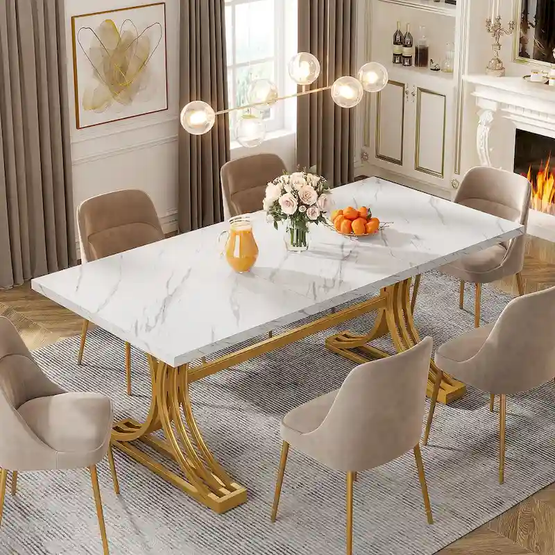 Faux Marble Dining Table with Gold Legs for 6-8