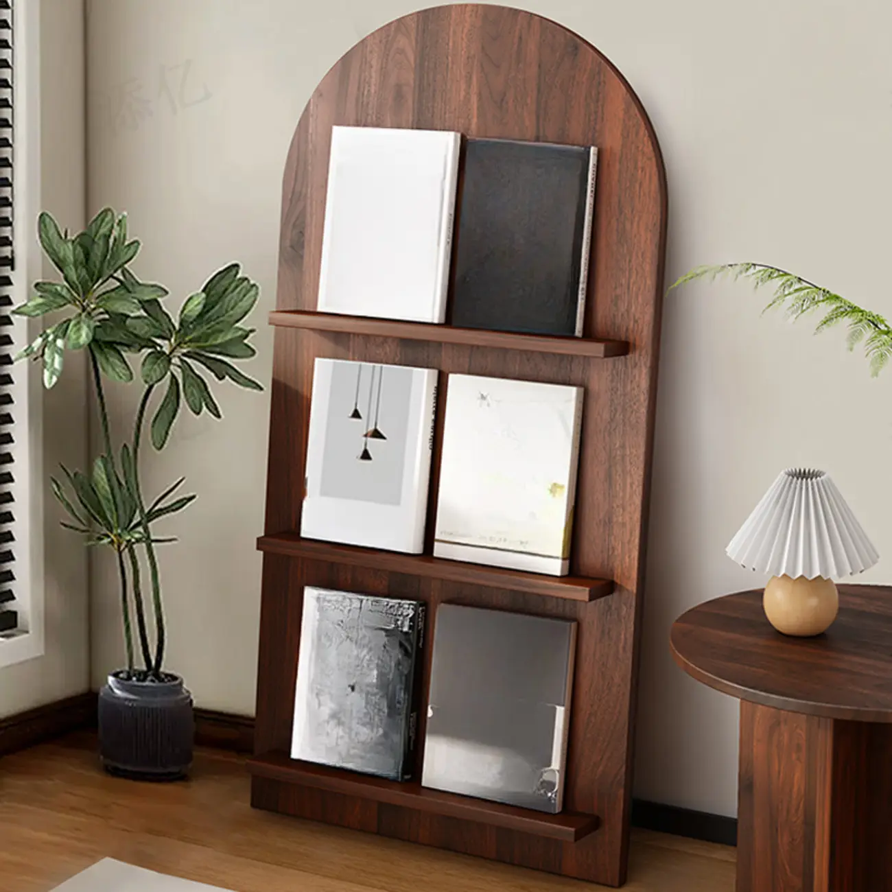 Shallow Simple 3-Shelf Ached Wood Bookcase with Closed Back