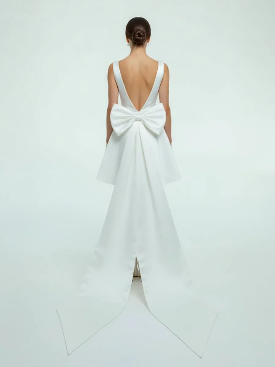 A-Line Satin V-Neck Short Wedding Dress with Large Bow