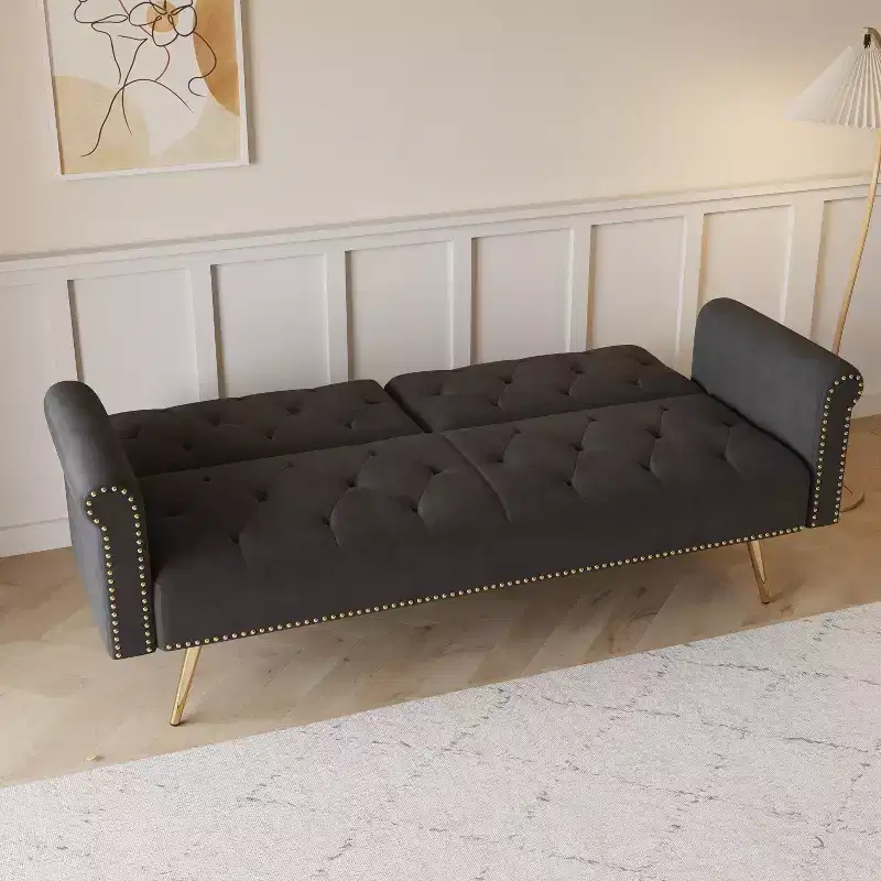MAYEERTY Black Velvet Fabric Sofa Featuring Nail Head Trim and Accompanied By A Matching Throw Pillow