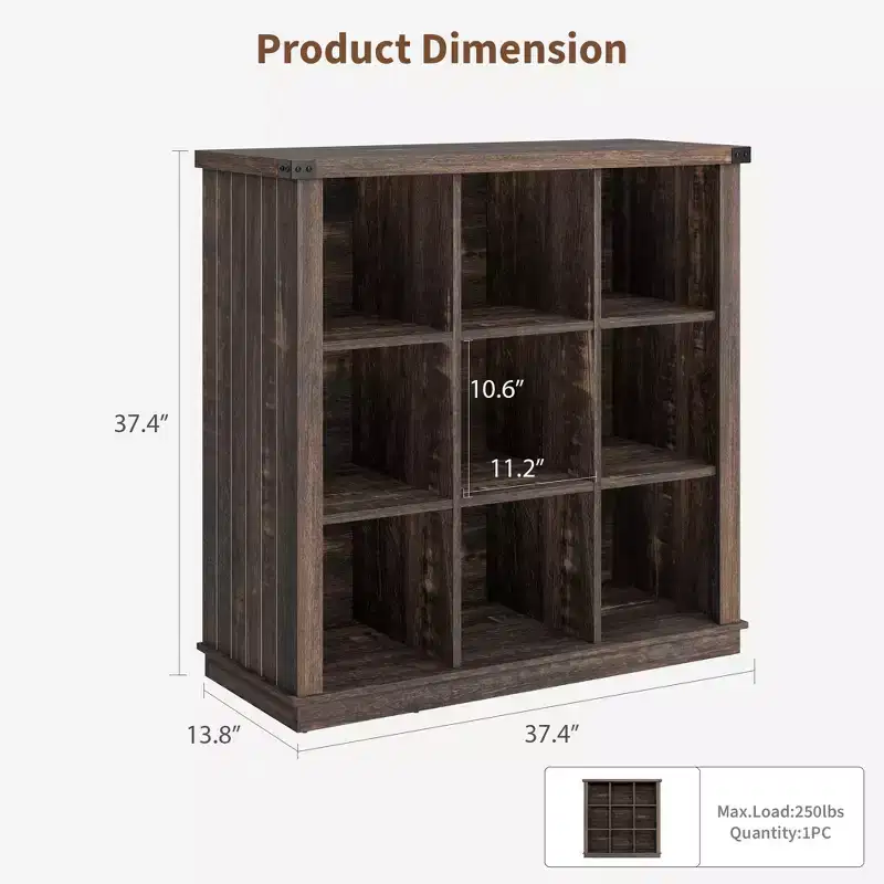 9 Cube Storage Organizer Bookshelf, 4 Tier Farmhouse Horizontal Bookcase, 37.4 Inch Wood Storage Bookcase for Entryway, Long Low Bookshelves for Room