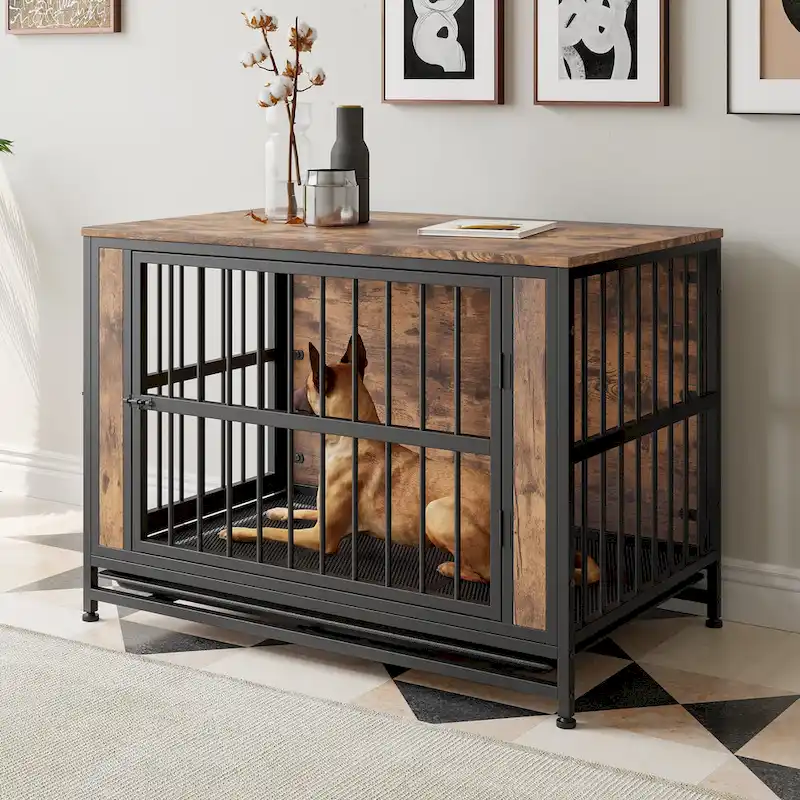 Dog Crate Furniture,Wooden Dog Crate Table,38.9" Dog Kennel with 2 Sliding Doors and Thick Iron Door Frame,Decorative Pet House