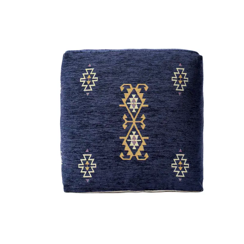 Sevita Navy/Mustard Traditional Damask Polyester Blend Pouf