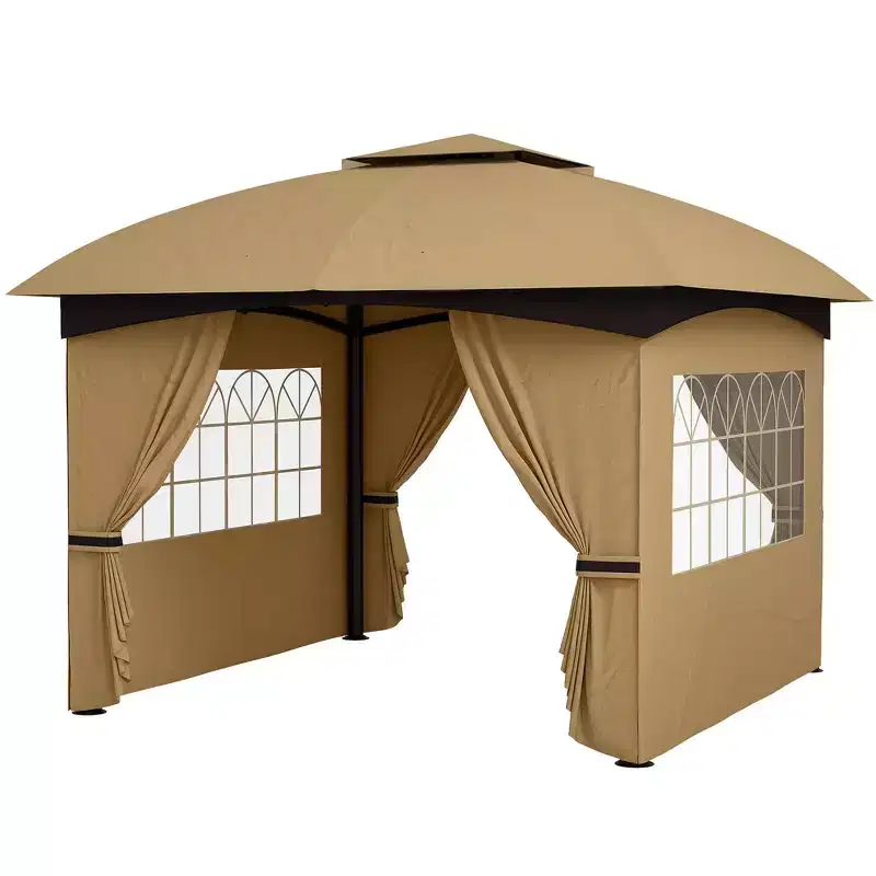 11' x 11' Outdoor Gazebo, Double Roof Patio Gazebo with Curtains, Church Windows, Galvanized Steel Frame