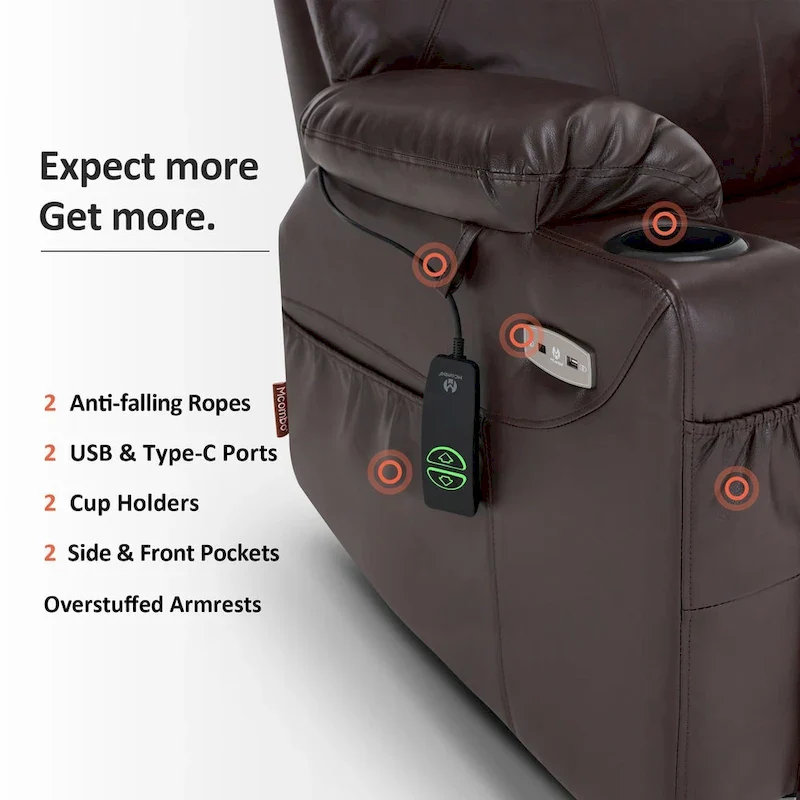MCombo Large Power Lift Recliner Leather Chair with Massage, Heat, Cup Holders,Extended Footrest, Leather 7516