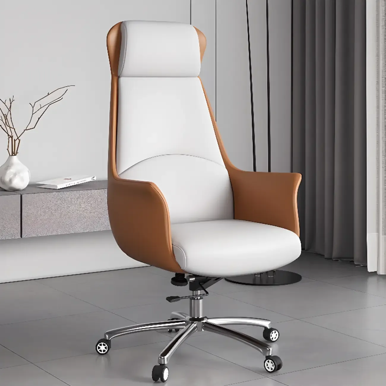 Modern White Orange Leather Ergonomic Executive Office Chair