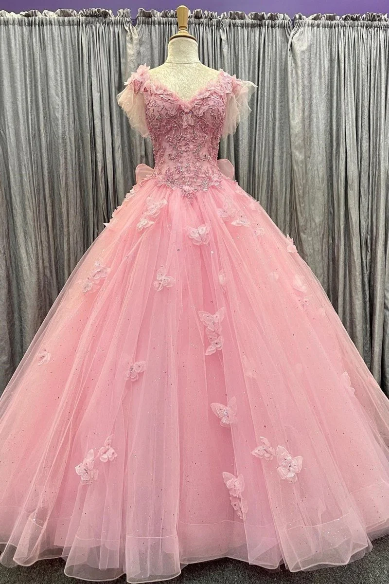 Pink Tulle 3D Floral Lace Bow-Back Quinceanera Dress with Flutter Sleeves