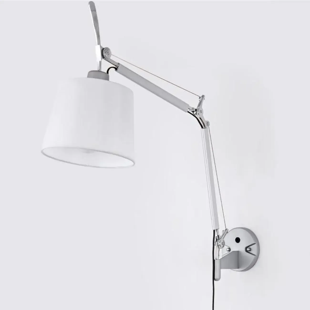 Modern Silver Swing Arm Wall Light with White Fabric Shade