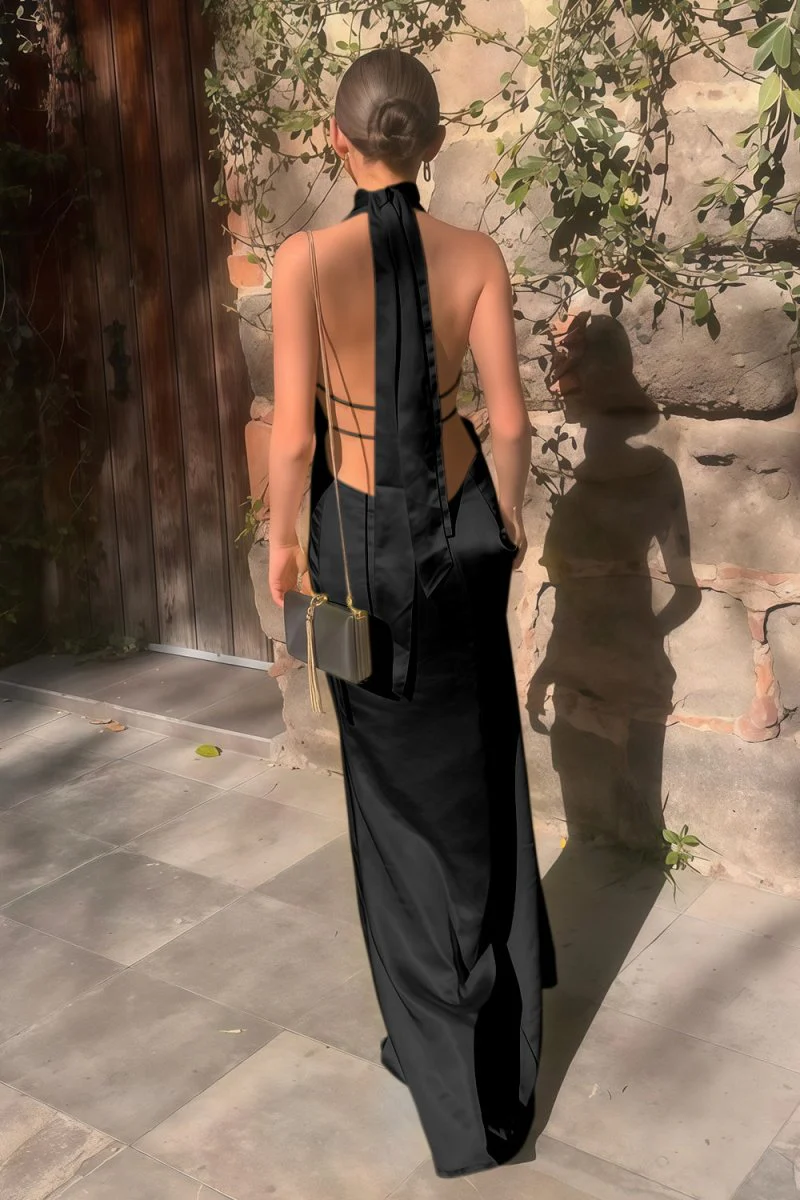 Yellow - Halter Deep V Neck Satin Sheath Backless Long Prom Dresses