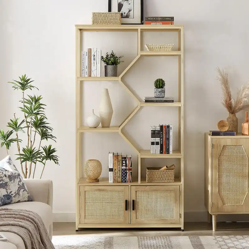 Rattan bookshelf 5 tiers Bookcases Storage Rack with cabinet