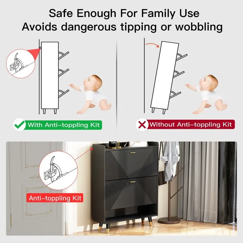 Black Shoe Storage Cabinet with 2flip Drawers, Entrance Shoe Rack Cabinet