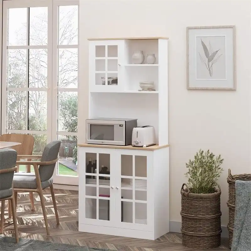 White/Black MDF Kitchen Buffet Hutch with Glass Doors & Adjustable Shelf
