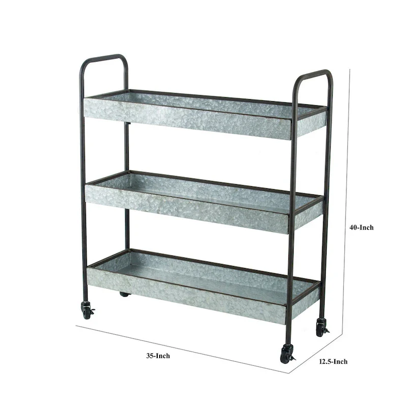 40 Inch Metal Rolling Cart, 3 Tier Shelves, Caster Wheels, Galvanized Gray