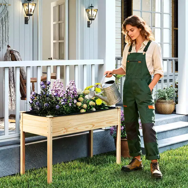 Costway 1/2 PCS Wooden Raised Garden Bed w/Legs Liner Drainage Holes Large Planter Box for Herb