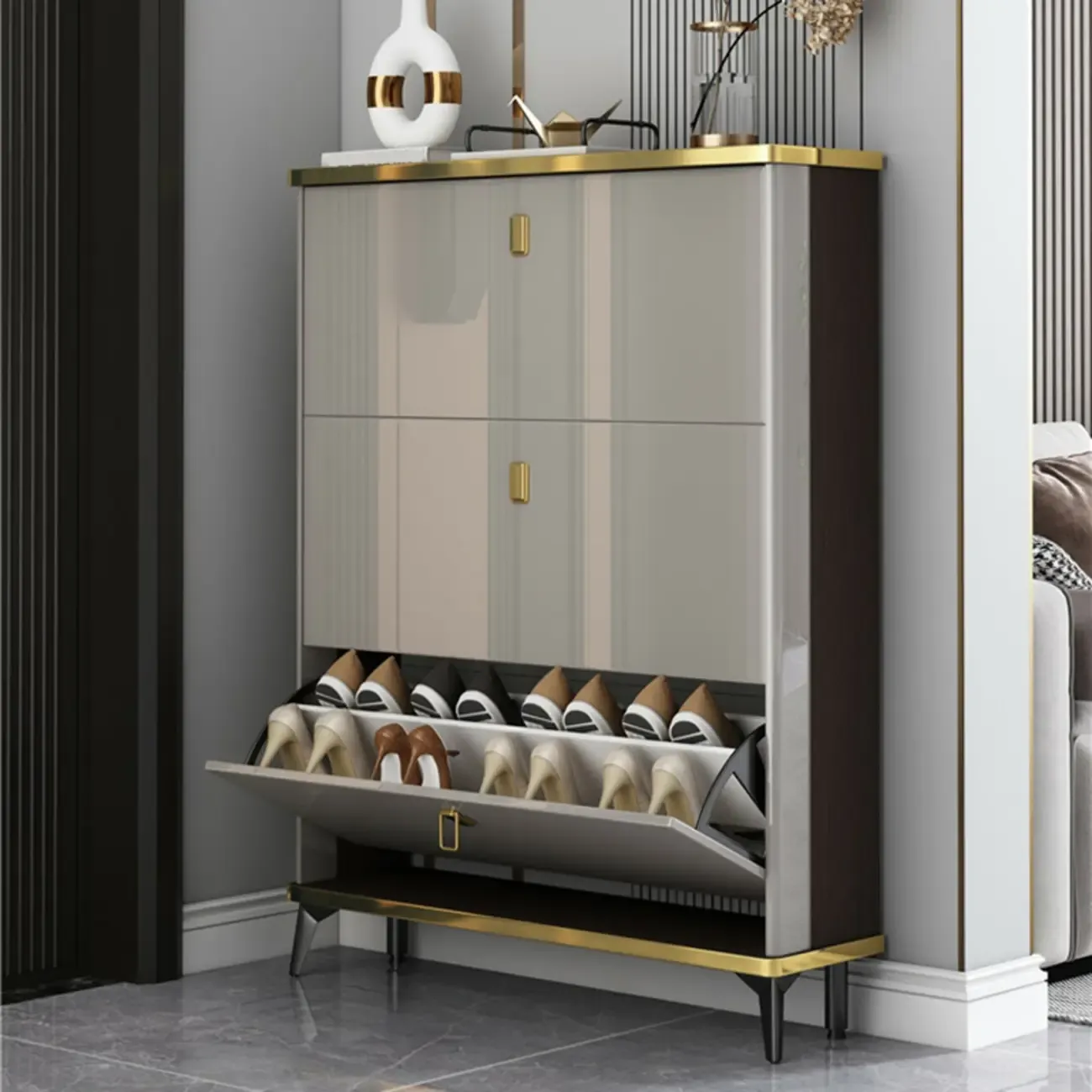 Grey Wooden Drop Front Shoe Cabinet for Entryway
