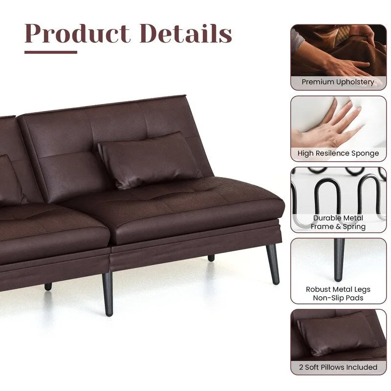 Grondin Convertible Futon Sofa Bed, 5-Angle Adjustable Backrest Sleeper Couch with 2 Pillows, Modern Style Recliner Lounge