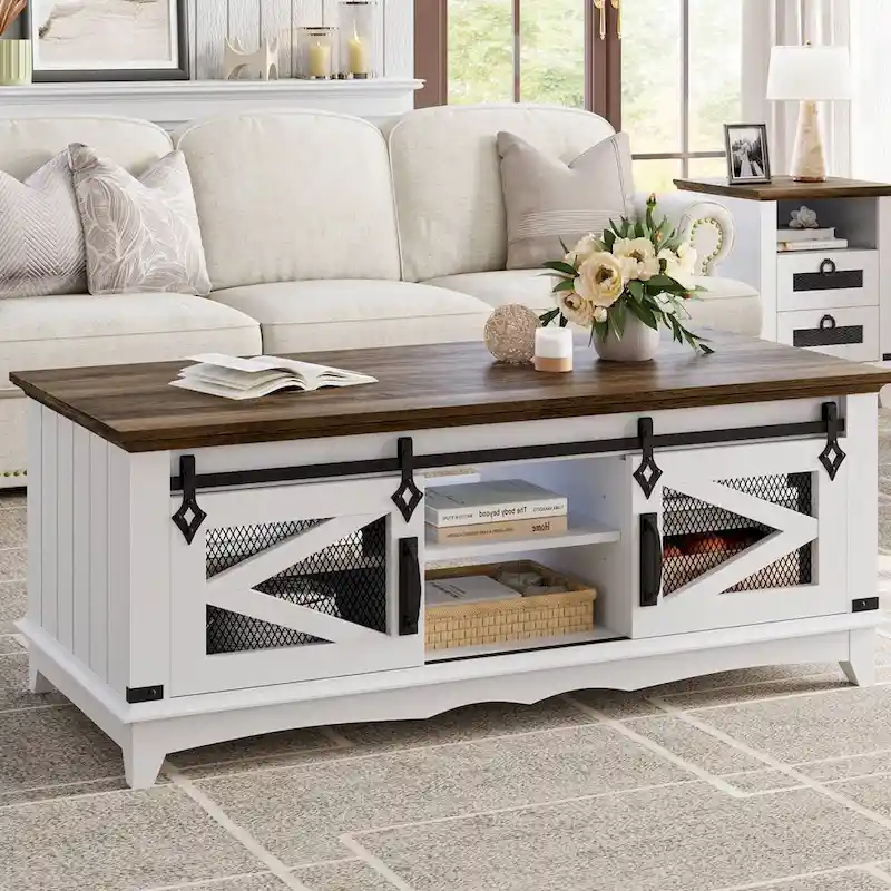 Farmhouse Coffee Table with Sliding Barn Door Storage