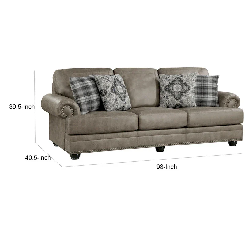 Jade 98 Inch Sofa, Taupe Brown Microfiber, 4 Pillows, Soft Cushions, Wood