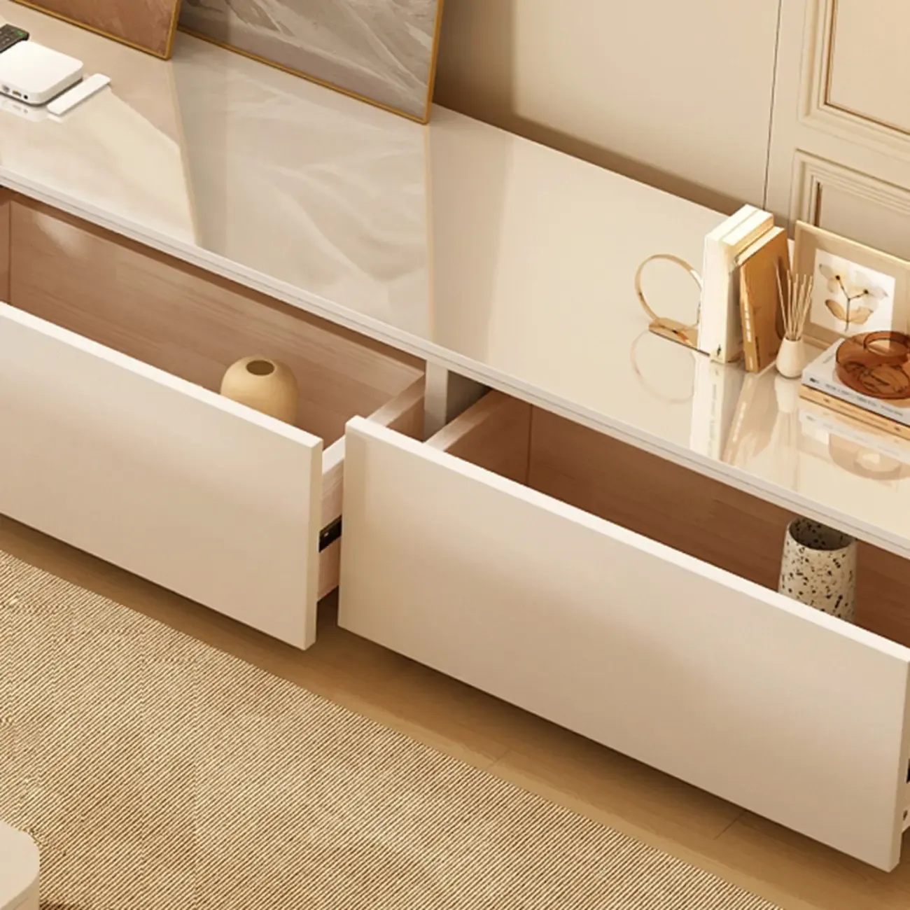 Modern Wooden TV Stand with Drawers and Cable Management