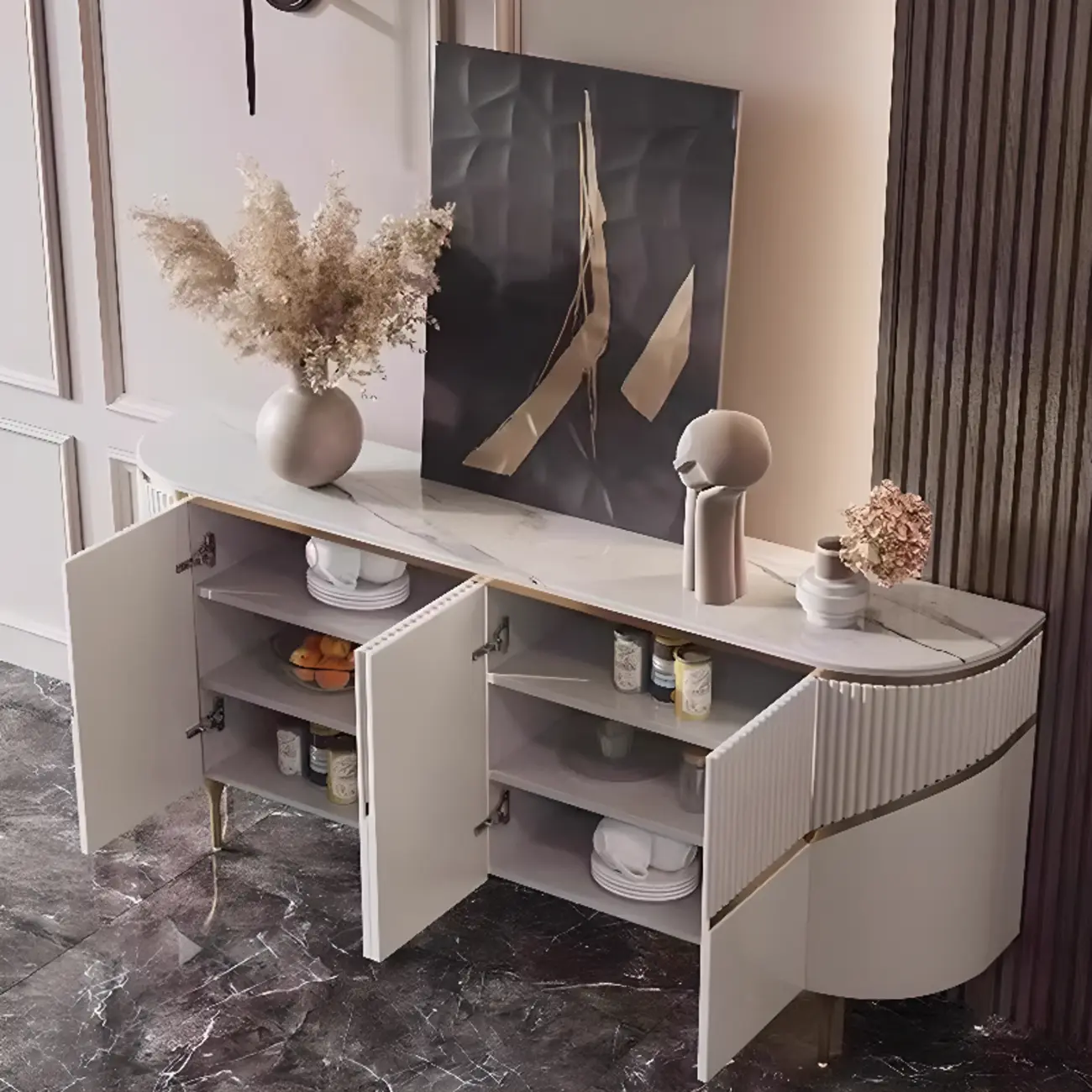 Modern White/Black Buffet Table with Cabinets