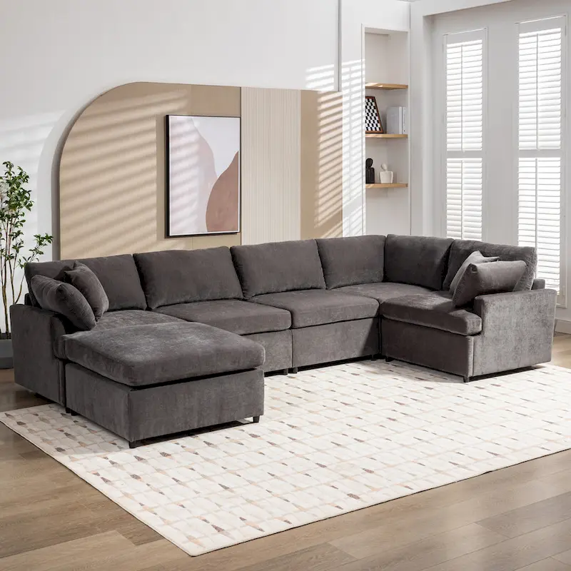 100.4 Spacious U-Shape 6 Seater Sectional Sofa with Removable Ottomans and Pillow, Flexible Configuration