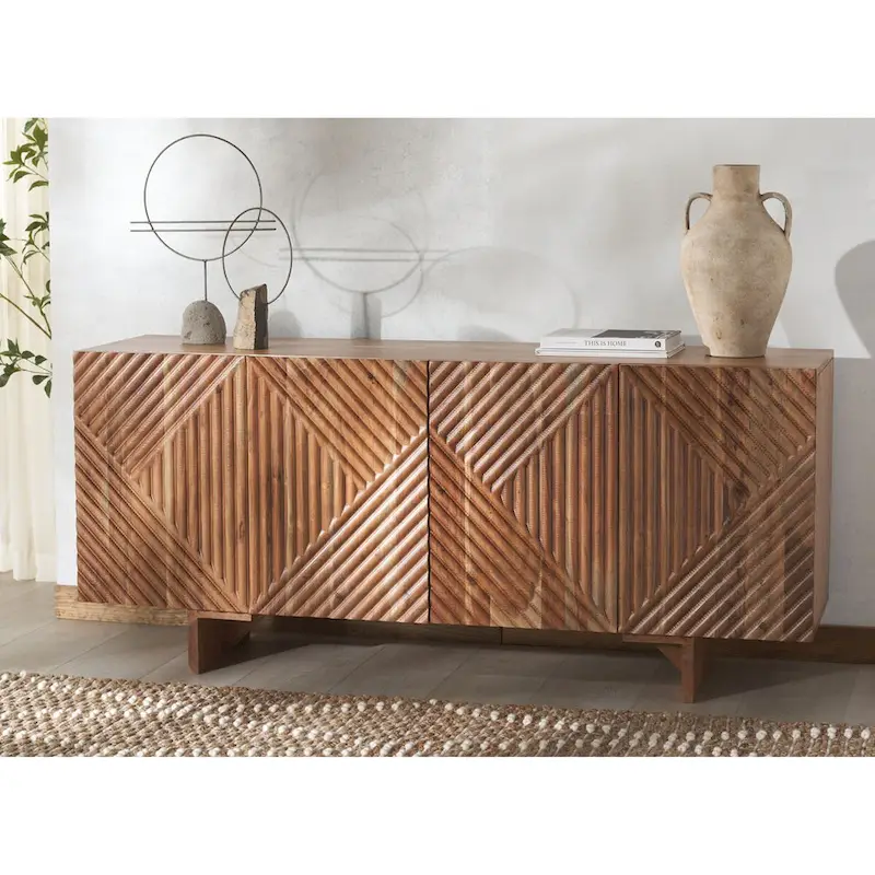 4-Door Acacia Wood Sideboard with Geometric Relief, 68