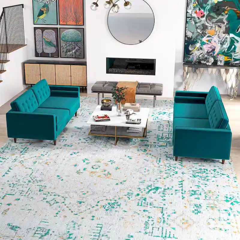 Kenzo Mid Century Pillow Back Velvet Sofa and Loveseat Set