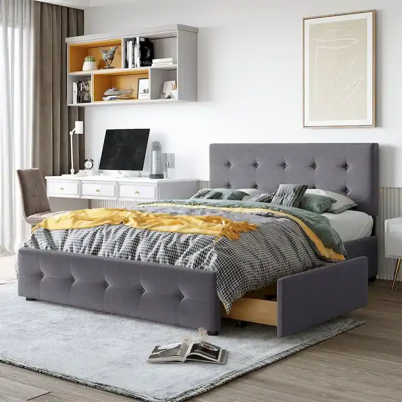 Merax Queen Upholstered Platform Bed with 4 Drawers