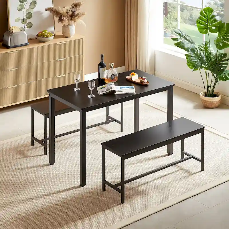 Industrial Rectangle Dining Table Set with 2 Benches Breakfast Nook Dining Table Set Kitchen Dining Table Set Metal Legs